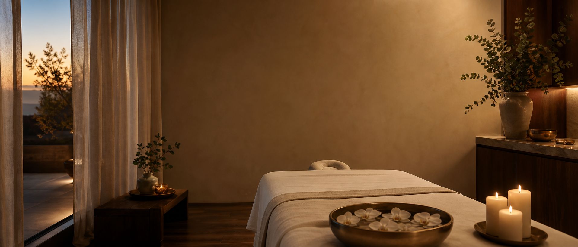 A Flora Spas treatment room at dusk