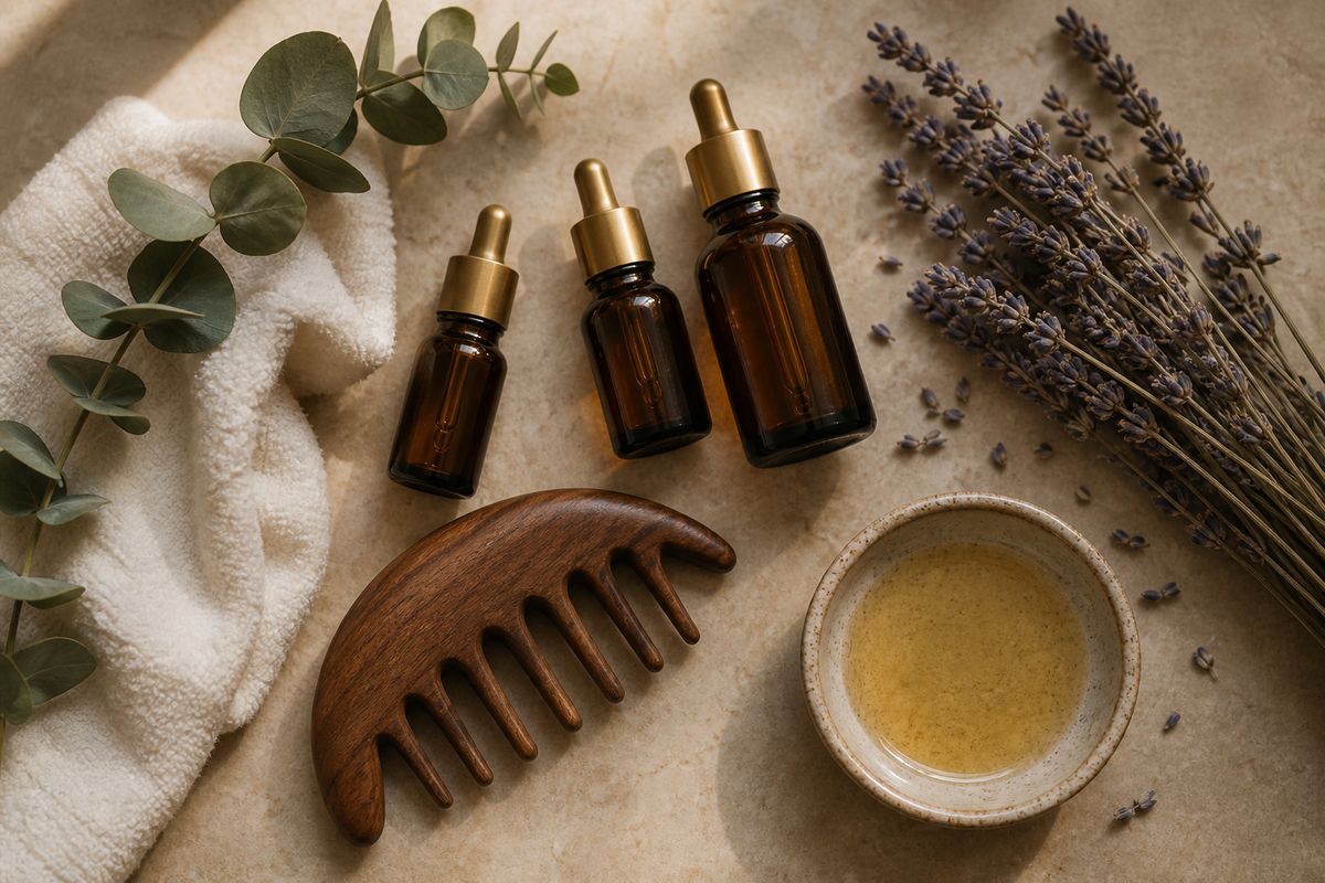 Essential oils, dried lavender and a wooden scalp comb