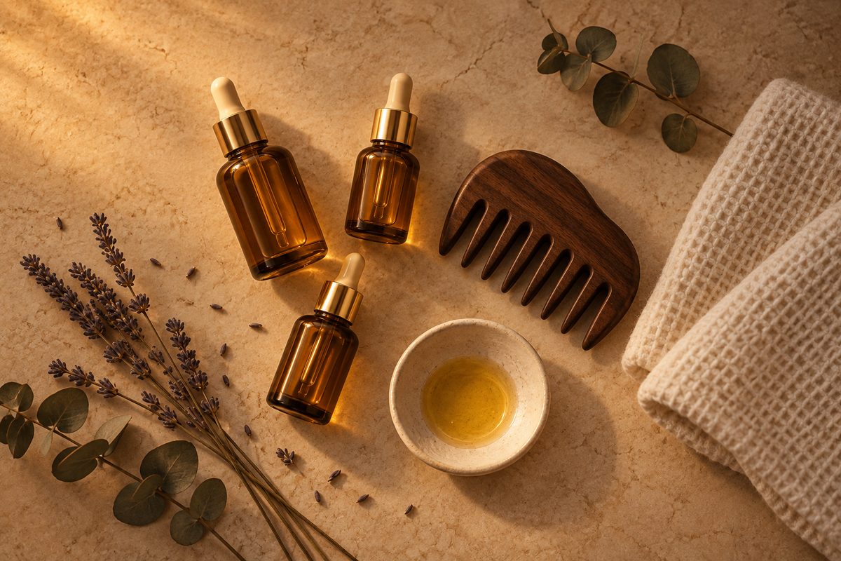 Essential oils, dried lavender and a wooden scalp comb