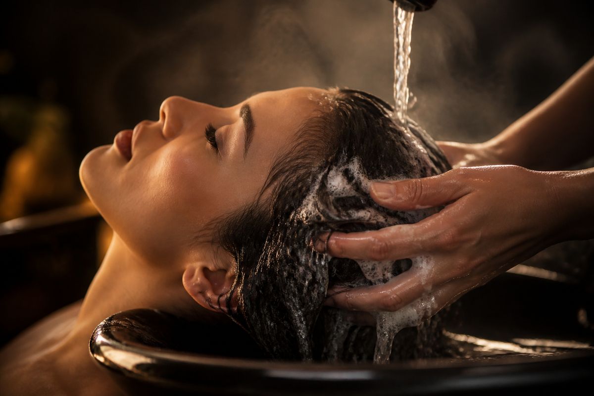 Warm water rinsing through hair over a black stone basin