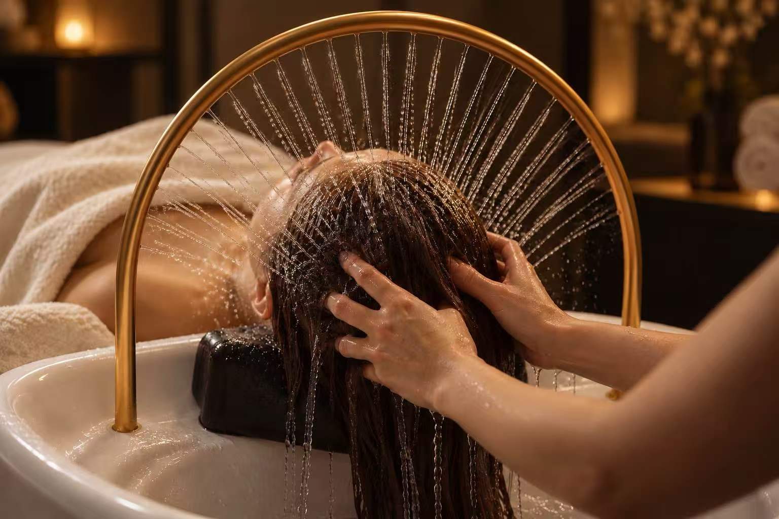Guest lying back in the head spa basin during a warm-water scalp treatment at Flora Spa in Scottsdale
