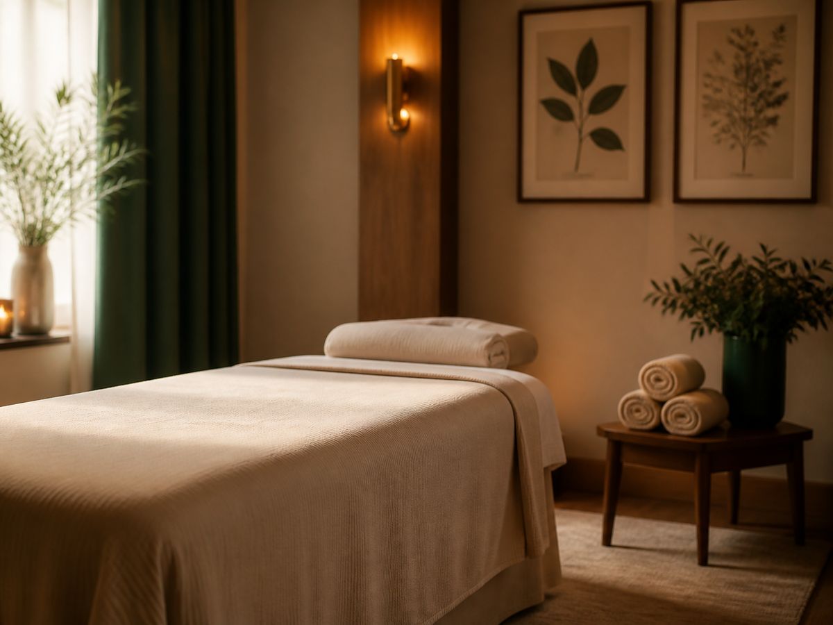 A treatment room at Flora Spas, dressed for a session